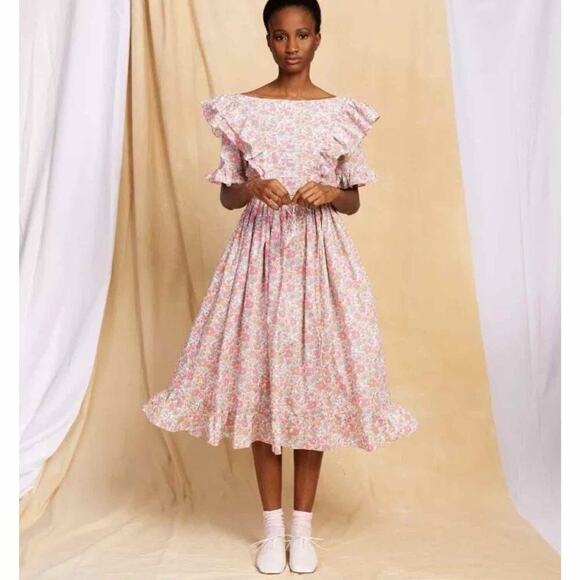 Horror Vacui Dorothy Ruffled Floral Cotton Poplin Midi Dress Size Medium - Picture 11 of 15